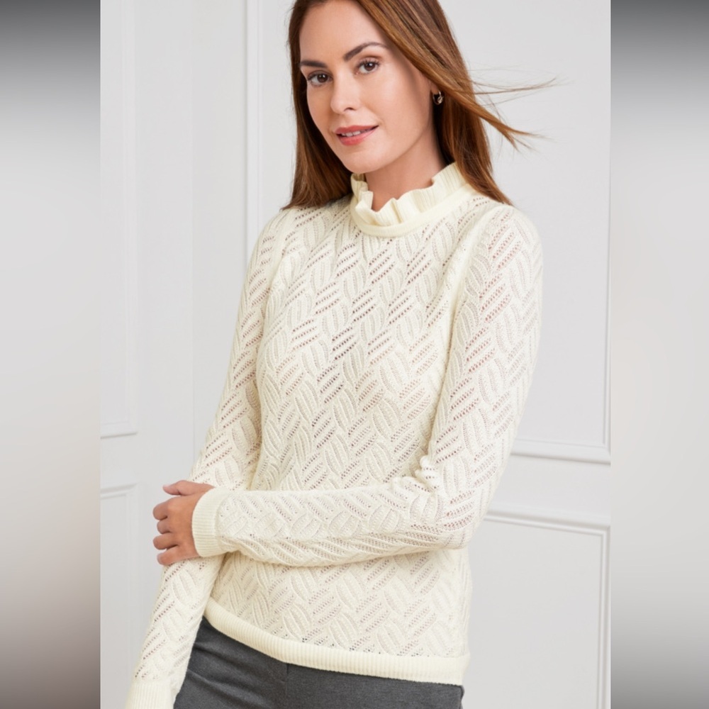 Talbots size L ruffle neck winter white pointelle stitch wool blend sweater